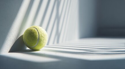 Tennis ball sits in sunlit corner, shadows creating linear patterns
