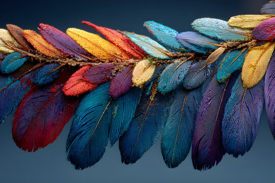 El penacho tiene muchas plumas de aves de colores muy vivos.