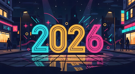 Celebrate 2026 with vibrant neon lights in a retro city scene, perfect for new year promotions and futuristic event invitations with a modern, cool vibe