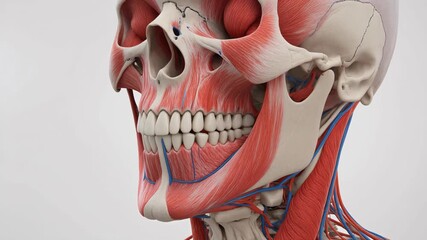 Anatomical illustration of the levator anguli oris facial muscle and skull