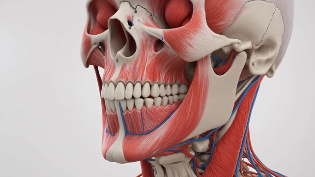 Anatomical illustration of the levator anguli oris facial muscle and skull
