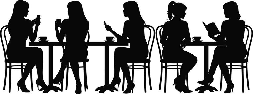 Silhouette of people using smartphones, reading books, drinking coffee, sitting at caf&eacute; tables, modern lifestyle, digital interaction, social behavior, vector illustration