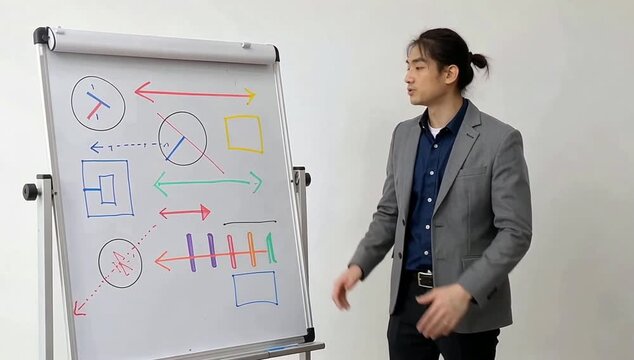 Engaging business presentation by dynamic speaker with diagrams on whiteboard, offering valuable insights and strategies for business growth in a modern office setting. Perfect for marketing materials