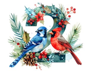 A watercolor illustration features a blue jay and cardinal perched beside the number 2, adorned with winter foliage and berries