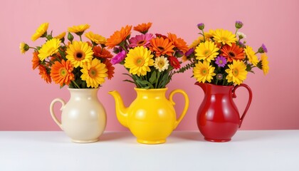 Colorful Flower Arrangement in Decorative Pitchers Against a Pink Background