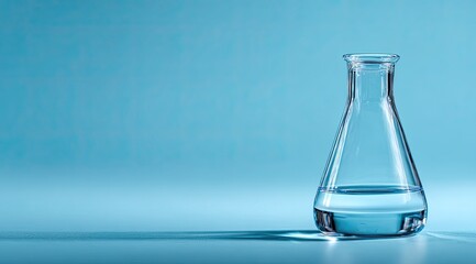 Clear flask filled with liquid against a solid blue backdrop