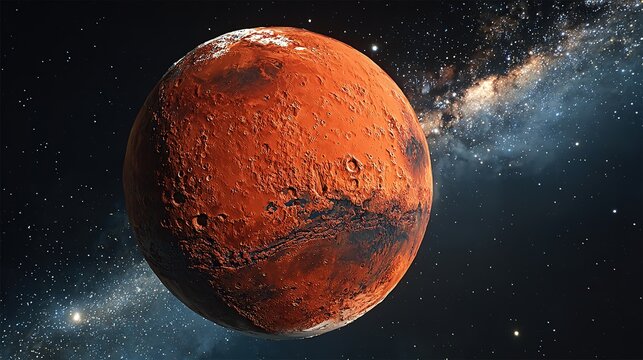 A realistic render of the red planet Mars, centered against a bright starry backdrop, emphasizing a mysterious alien world. Evokes a sense of futurism and exploration, perfect for sci-fi movie posters - Powered by Adobe