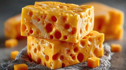A stack of yellow cheese slices on a white background, captured in natural light with high-resolution photography. Showcasing delicate texture and vibrant color, ideal for food advertising, product pa