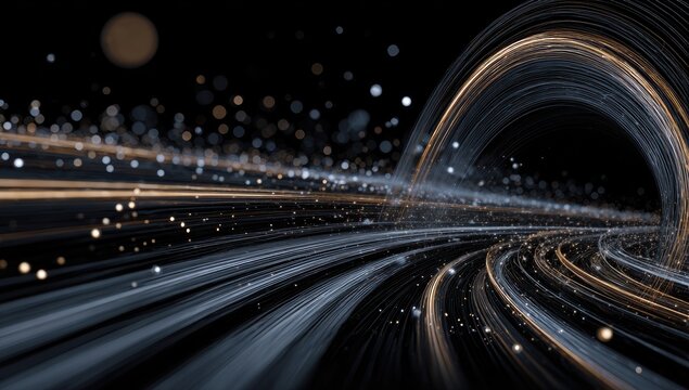 Abstract glowing lines curve into darkness, with bokeh lights - Powered by Adobe