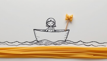 Girl in a Paper Boat Sailing on Waves Made of Pasta in a Creative and Whimsical Artistic Illustration