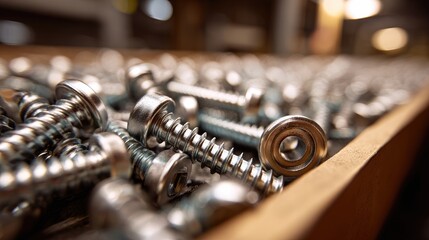 Tray of metal screws, washers, up-close, shallow focus, warm lights