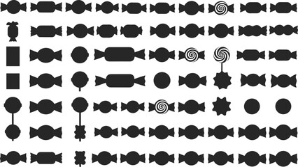 Fototapeta premium Candy Silhouette Icons, Black Sweet Shapes, Wrapped Treats, Lollipop Graphics, Chocolate Symbols, Vector Dessert Set, Confectionery Design Elements