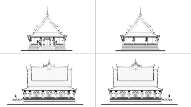 Laos/Thai Temple Vihara Line Art Vector illustration