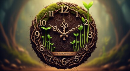 Climate change concept clock with 'Time is running out' message