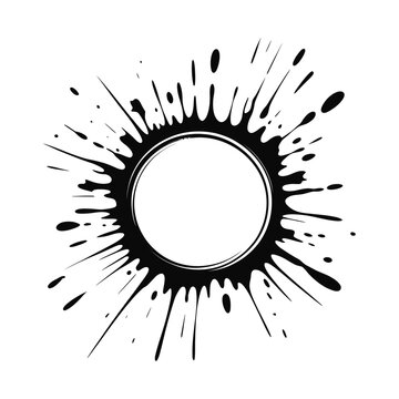 Black ink splatter burst around a white circle frame