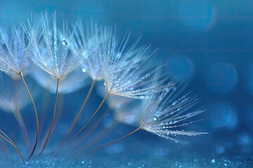 Dew-kissed seeds float on blue, sparkling bokeh background
