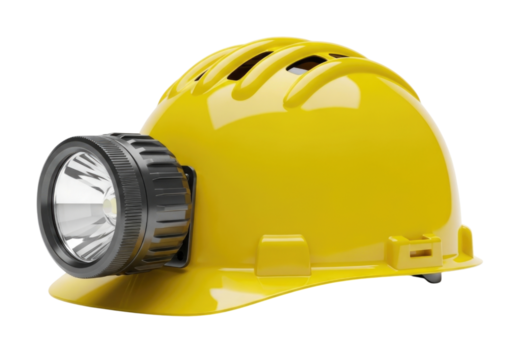 Yellow hard hat with headlamp transparent background cutout png