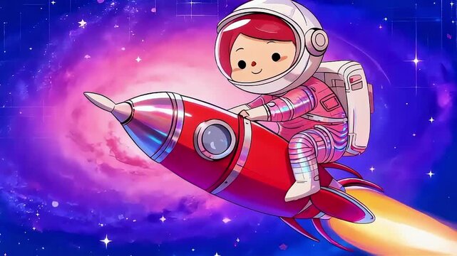 Cosmic Journey: Little Astronaut Riding Red Rocket Through Starry Nebula