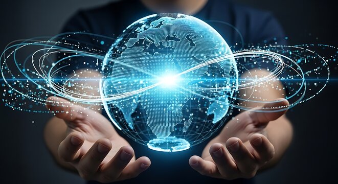 Futuristic digital globe held in open hands with glowing connections