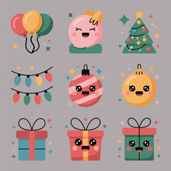 Fototapeta premium Cute Kawaii Christmas Holiday Icon Set