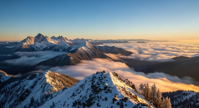 Majestic snowy mountain peaks at sunrise above a sea of clouds - Powered by Adobe