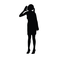 Silhouette of a woman standing in a dress and high heels, cupping her mouth with her hand to amplify her voice. The image conveys communication, shouting, protest, or urgent public announcement.