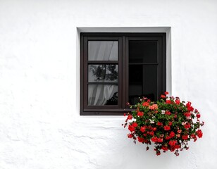 A weathered white wall with a brown window and vibrant red flowers