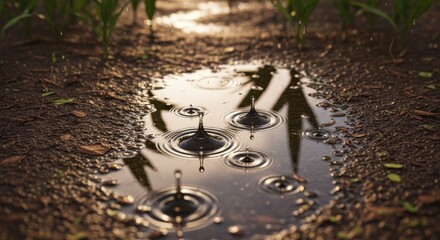 Close-up of raindrops falling in a puddle on a farm field