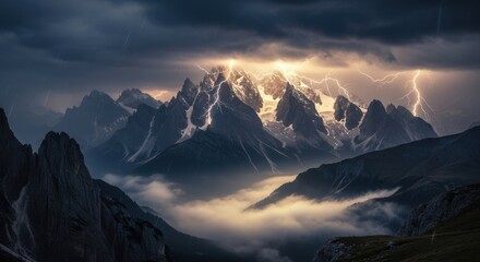Dramatic lightning storm over epic mountain peaks