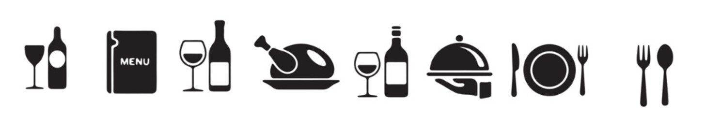 Black and white restaurant icons set for food service