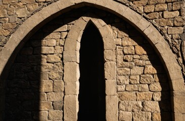 Shadow of a decorative arched window cast upon an old stone wall