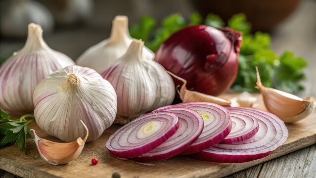 Close-up of whole garlic bulbs, cloves, and sliced red onion on rustic wooden board with fresh herbs, ideal for cooking and meal prep. - Powered by Adobe