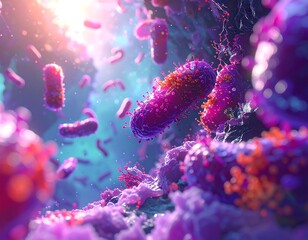 Close-up vibrant depiction of microbial life. Floating cylindrical cells, pink and purple with orange details, in a detailed, luminous environment