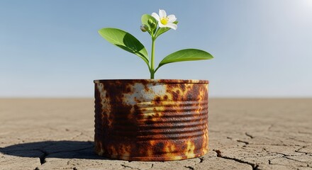 A small white flower with green leaves growing out of a rusty, weathered tin can placed on a dry, cracked surface under a clear sky