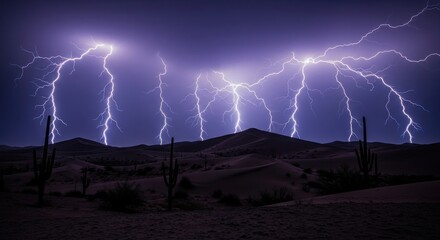 Dramatic lightning storm over a desert landscape with cacti