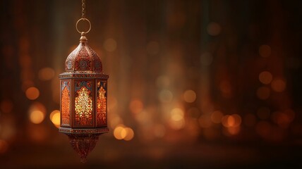 Glowing traditional arabic lantern surrounded by intricate islamic patterns with warm bokeh lights, creating a festive and spiritual ramadan kareem celebration background