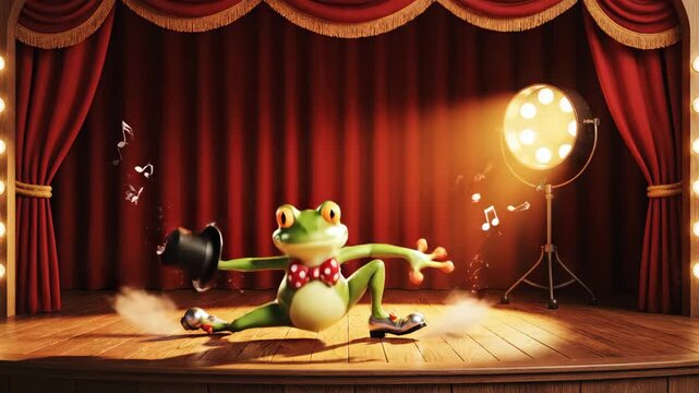 Charming cartoon frog in a top hat and red bowtie striking a pose on a lit stage with a red curtain backdrop, ready to perform.
