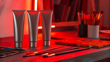 Painter’s Creative Workspace Illuminated by Red LEDs With Tubes of Metallic Paint Arranged to Form Abstract Percentage Signs, Blending Artistic Experimentation, Color, and Imaginative Expression