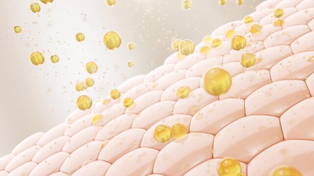Cosmetic oil serum with molecules that drop onto skin cells, repair skin, moisturizer, collagen serum, 3D animation.