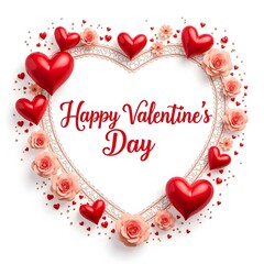 Vibrant Valentine's Day card with a heart-shaped frame of red hearts and pink roses, soft light enhancing colors, modern style, centered text 'Happy Valentine's Day' in elegant script.