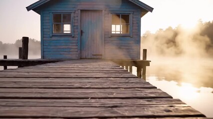 blue door video - Blue wooden cabin atop a weathered dock over a calm lake; mist rises as sunrise casts amber light through fog, windows glow softly, inviting solitude and quiet reflection now - Powered by Adobe