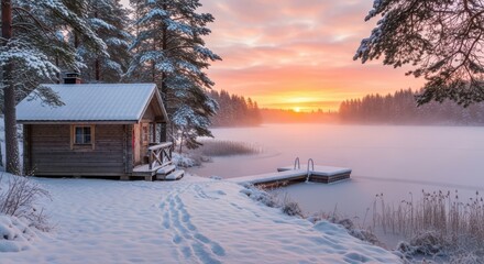 Cozy wooden cabin by a frozen lake in a snowy winter landscape at sunset