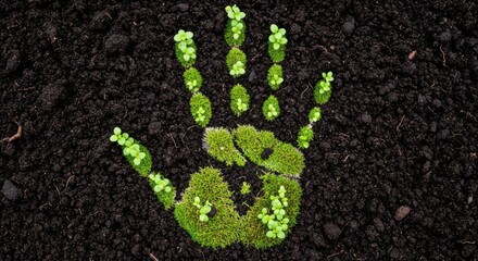 Green handprint made of moss and plants growing in rich soil