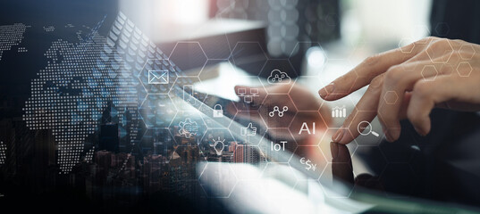 Close up. Woman using digital tablet for internet networking at office. Business finance and technology background