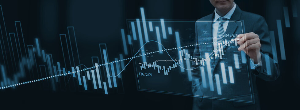 Finance analyst pointing growth stock market graph of business investment. Successful business, growth strategy and achieving goals with financial report. 