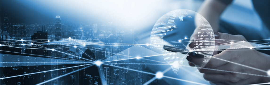 Digital technology, internet network connection, big data, digital marketing IoT internet of things. Woman using mobile phone and laptop computer surfing internet, innovative technology background - Powered by Adobe