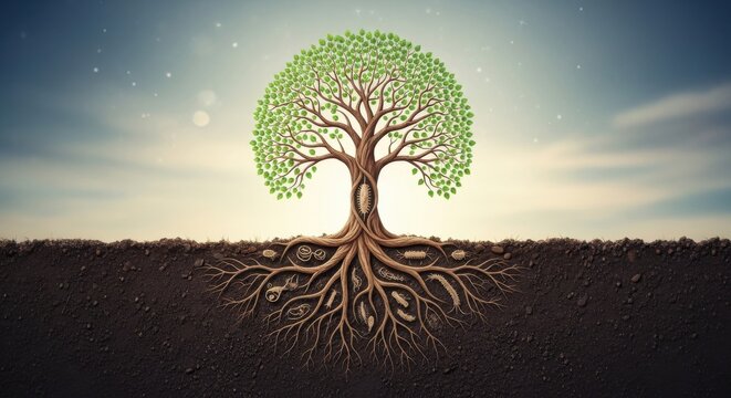 Tree of life illustration showing a healthy root system and soil ecosystem - Powered by Adobe
