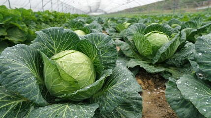 Fototapeta premium Green Cabbage Growing in Agricultural Field – Organic Vegetable Farming