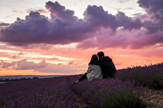 Couple embraces silhouetted against dramatic sunset sky - Powered by Adobe