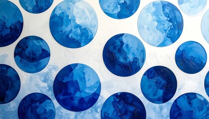An abstract composition featuring overlapping, circular forms with blue hues, suggestive of celestial bodies, set against a white backdrop